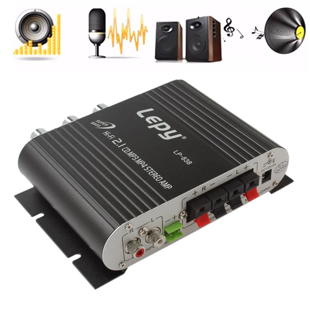Автомобильный усилитель Lepy LP 838 12 В мини Hi Fi 2 1 радио CD MP3 MP4 стерео басовый динамик
