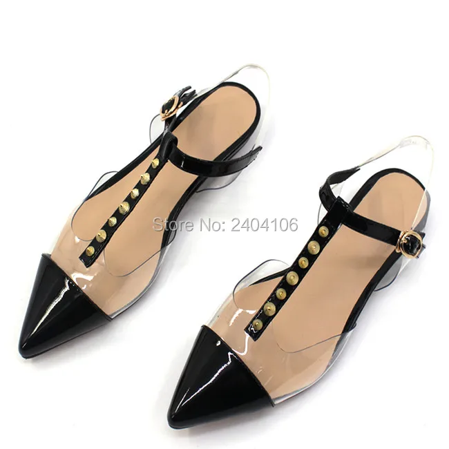 

Black Patchwork Clear Transparent Jelly Shoes Casual Summer Flats Sandalet T-Strap Pointed Toe Rivet Studded Flat Sandals Women