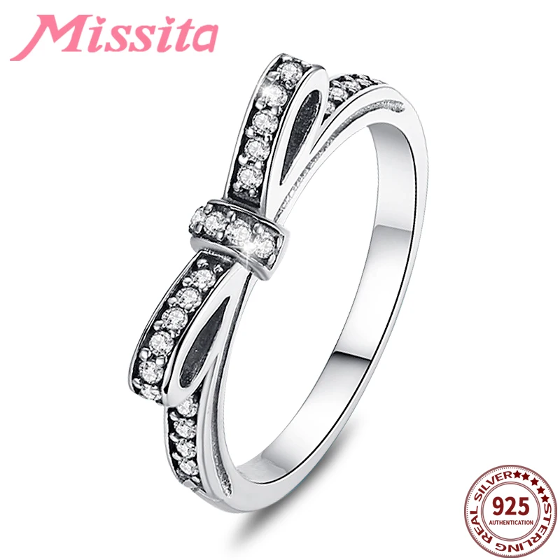 

MISSITA 925 Sterling Silver Romantic Bowknot Rings for Women with Clear Crystal Valentine Day Gift Wedding Brand Jewelry