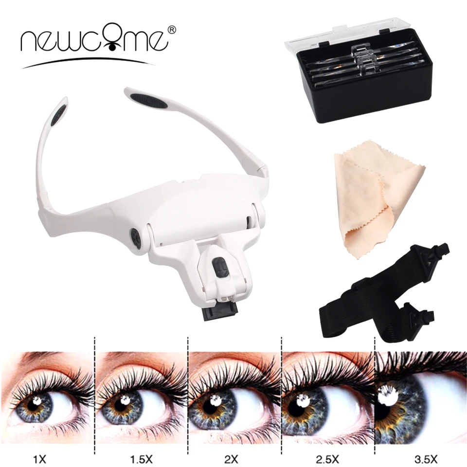 

NEWCOME 5 Lens Adjustable Magnifier Eyelash Extension LED Headband Lights Lamp Eyelash Grafting Repair Tattoo Makeup Tools