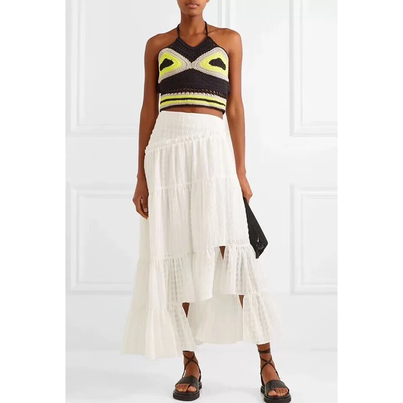 

Irregular design lotus leaf layered seersucker skirt fashion women's plaid long section skirt ruffled side swing skirt 2019