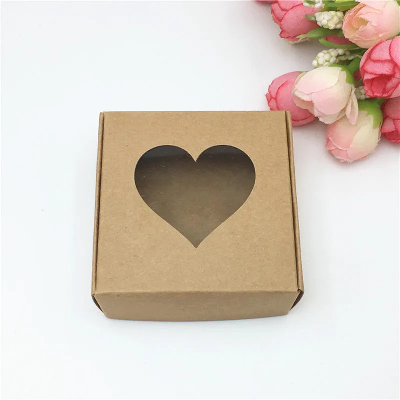 50 шт бумажный картон коричневый/розовый прозрачный ПВХ окно подарки упаковочная коробка продукты/сувениры ювелирных изделий витрины 6,5*6,5*3 см - Цвет: Brown