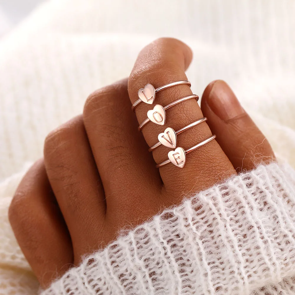 

17IF Fashion Gold Silver Color Heart Letters Rings For Women DIY Name Ring Set Female Statement Engagement Party Jewelry Size 8