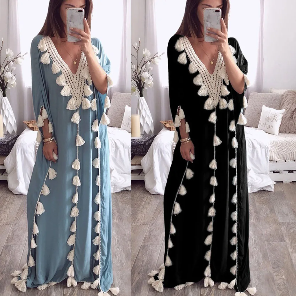 

Women's Bohemia Long Dress Ethnic Style Tassel Beach Summer Holiday Party Dress Decoration Dresses Summer 2019