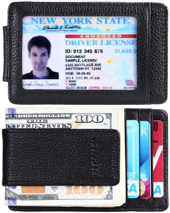 Кожа передний карман кошелек зажим для денег RFID Блокировка Сильный магнит клип ультра-тонкий Пояса из натуральной кожи ID Дело - Цвет: Black