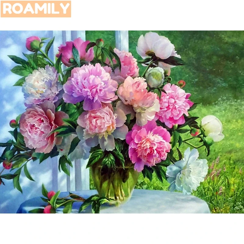

ROAMILY,5D Diamond Painting Peonies,Elegent Flowers,Diamond Embroidery Peony,Cross Stitch,Full Square Drill,Paint with Diamonds