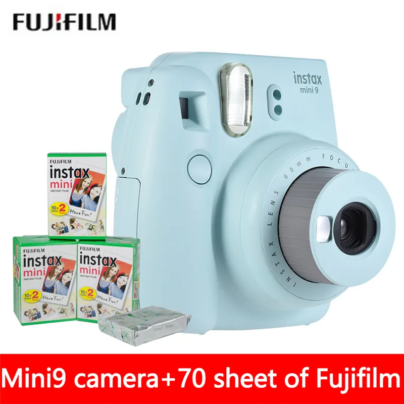 Новая 5 цветов Fujifilm Instax Mini 9 мгновенная фото камера+ 70 лист Fuji Instax Mini 8 белая пленка+ крупным планом объектив - Цвет: ice blue