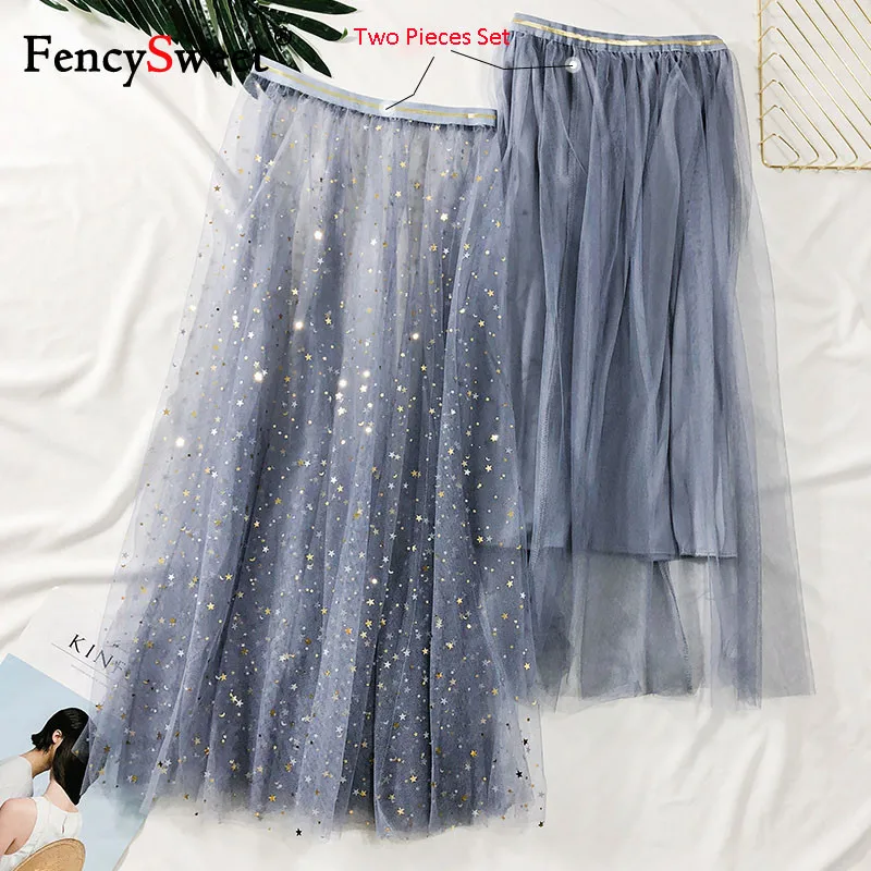 

Fencysweet Two Piece Set Tulle Skirts Women Pleated Skirt Star Sequin High Waist Long Mesh Skirts A Line Faldas Largas Elegantes