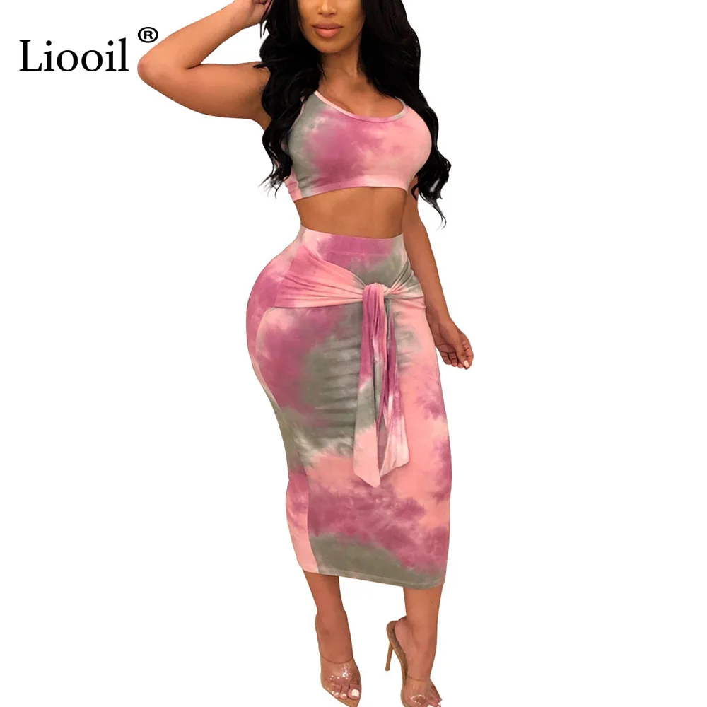 

Liooil Two Piece Tye Dye Skirt Set For Women 2019 Summer Tank Top And Maxi Long Skirts Sexy Club Print Outfits Bodycon Suits