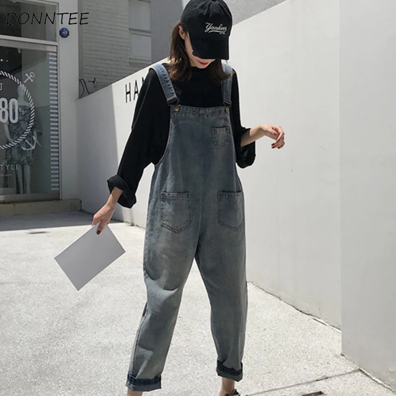 

Jumpsuits Women Summer Casual Daily Retro All-match Chic Korean Style Loose Solid Trendy Simple Solid Denim Ankle-Length Trouser