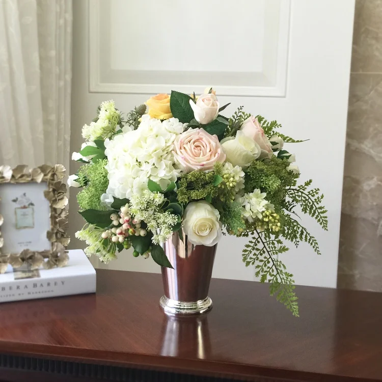 

custom faux flowers arrangement home & wedding table centrepiece of roses hydrangeas berry silver vase
