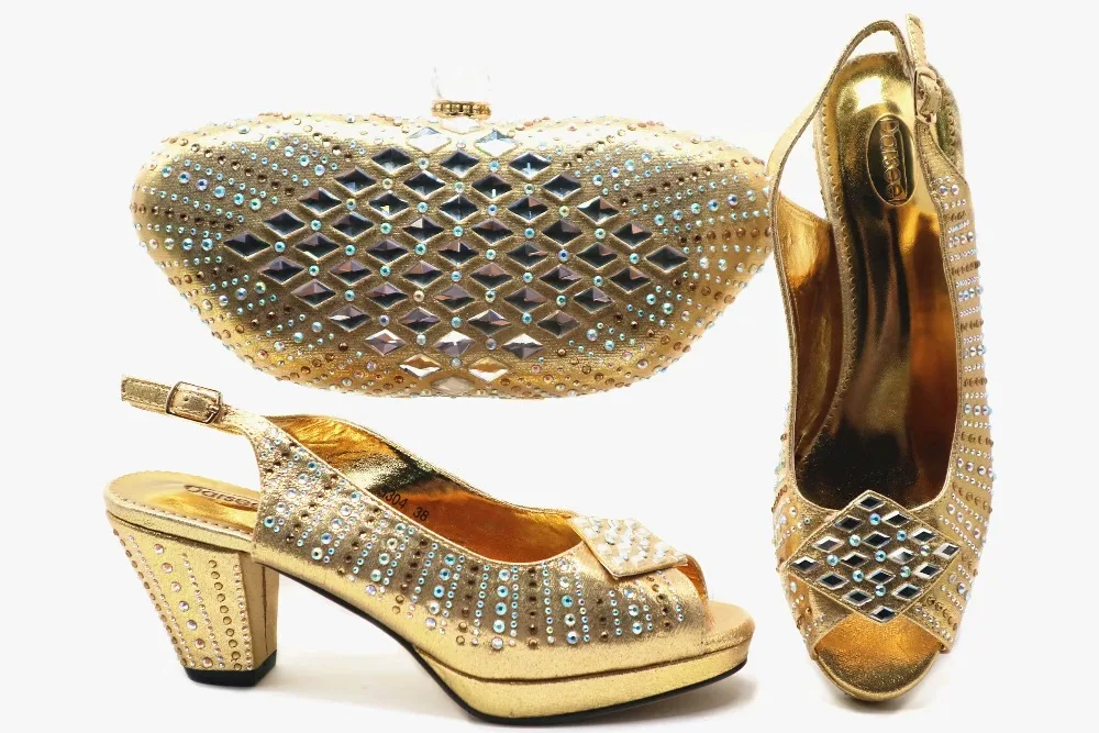 

Free shipping gold shoes and bag italy design sandal shoes and clutches bag in gold with many stones shoes bag set SB8336-4