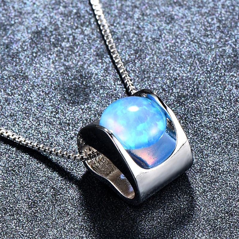 

Bamos Fashion Female 925 Sterling Silver Filled Blue/White Round Opal Pendant Necklace Wedding Jewelry For Women Best Gifts