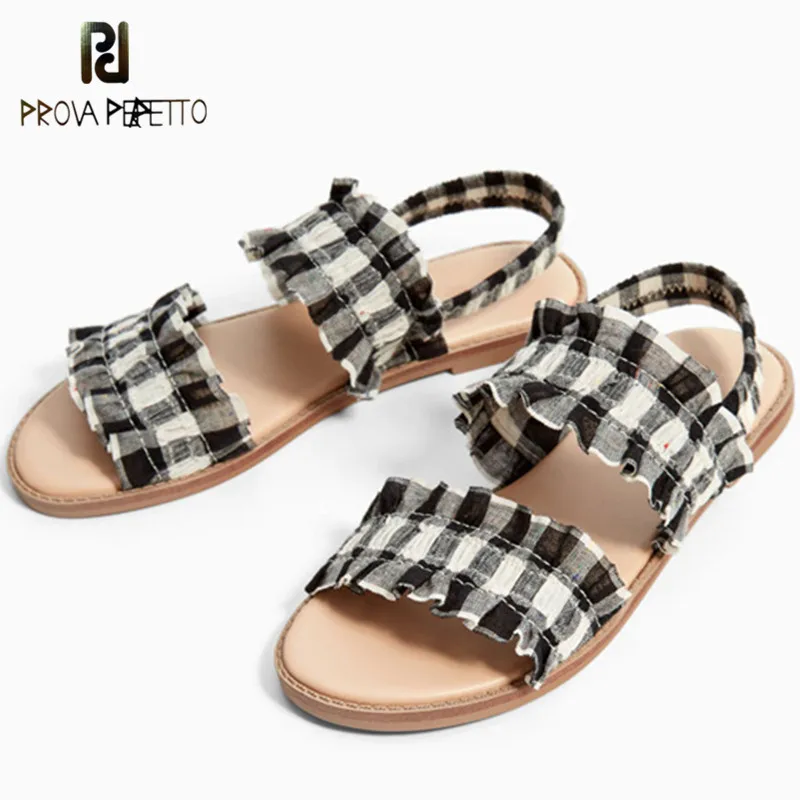 

Prova Perfetto Young Girl Real Leather Plaid Sandals Elastic Band Falt Sandals Sweet Beach Shoes Woman Bohemia Canvas Sandals