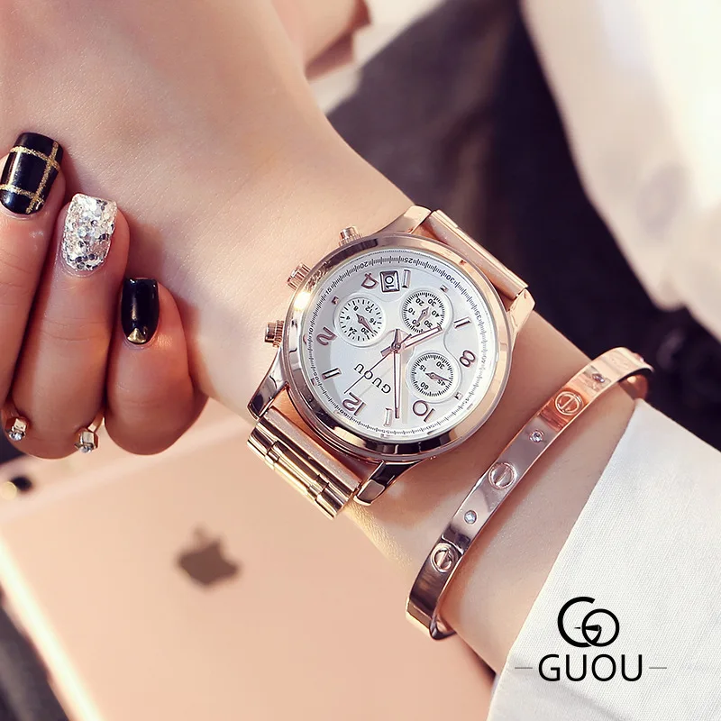 Beste Fashion Luxe GUOU Brand 3 Ogen Rvs Rose Gold Waterdicht Quartz Vrouwen Polshorloge Horloges 1 Jaar Fabrieksgarantie 8175