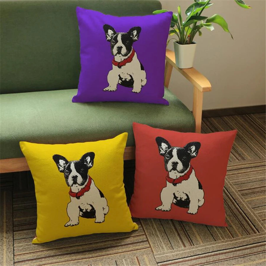 French Bulldogs Cushion Cover Dog Animal Decorative Yellow Pillow Cover
