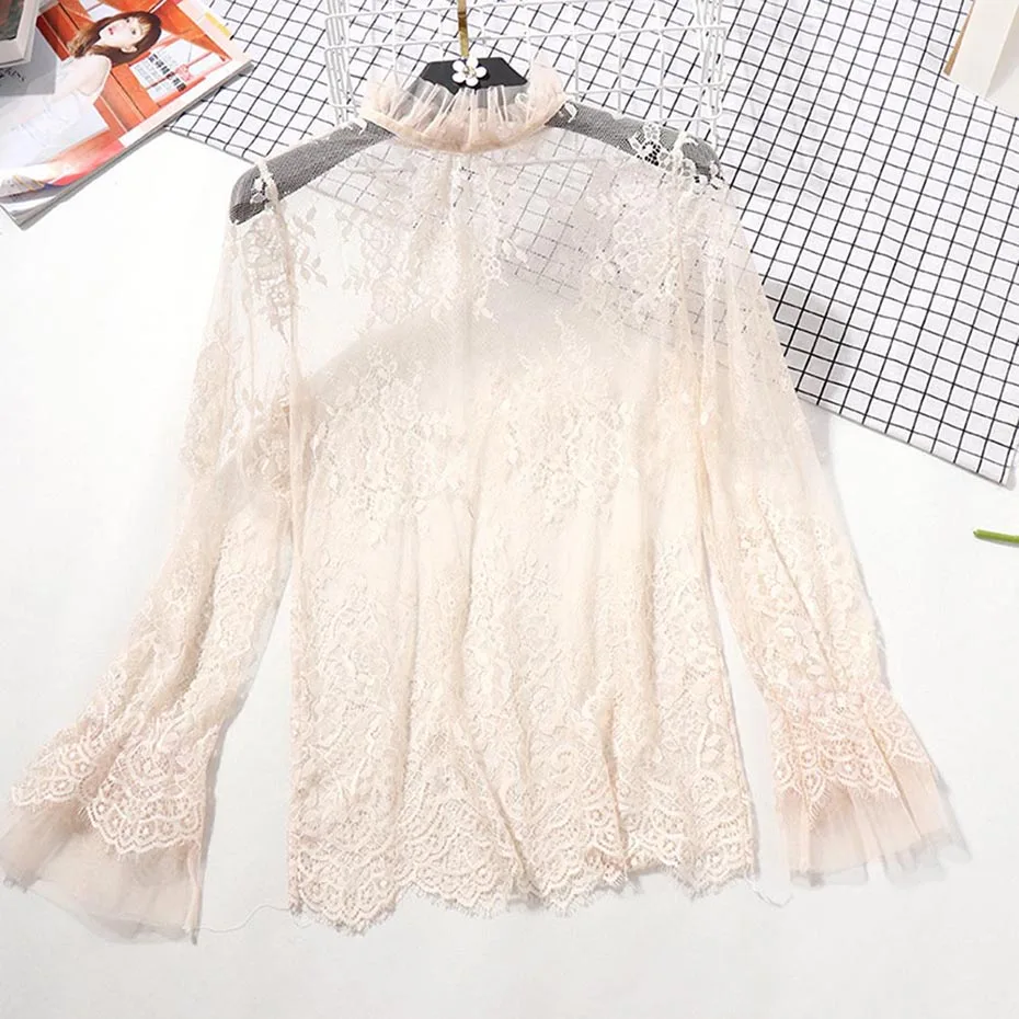 

lace shirt ladies thin section hook flower hollow in the upper jacket long sleeve stand collar mesh bottoming Blouses black
