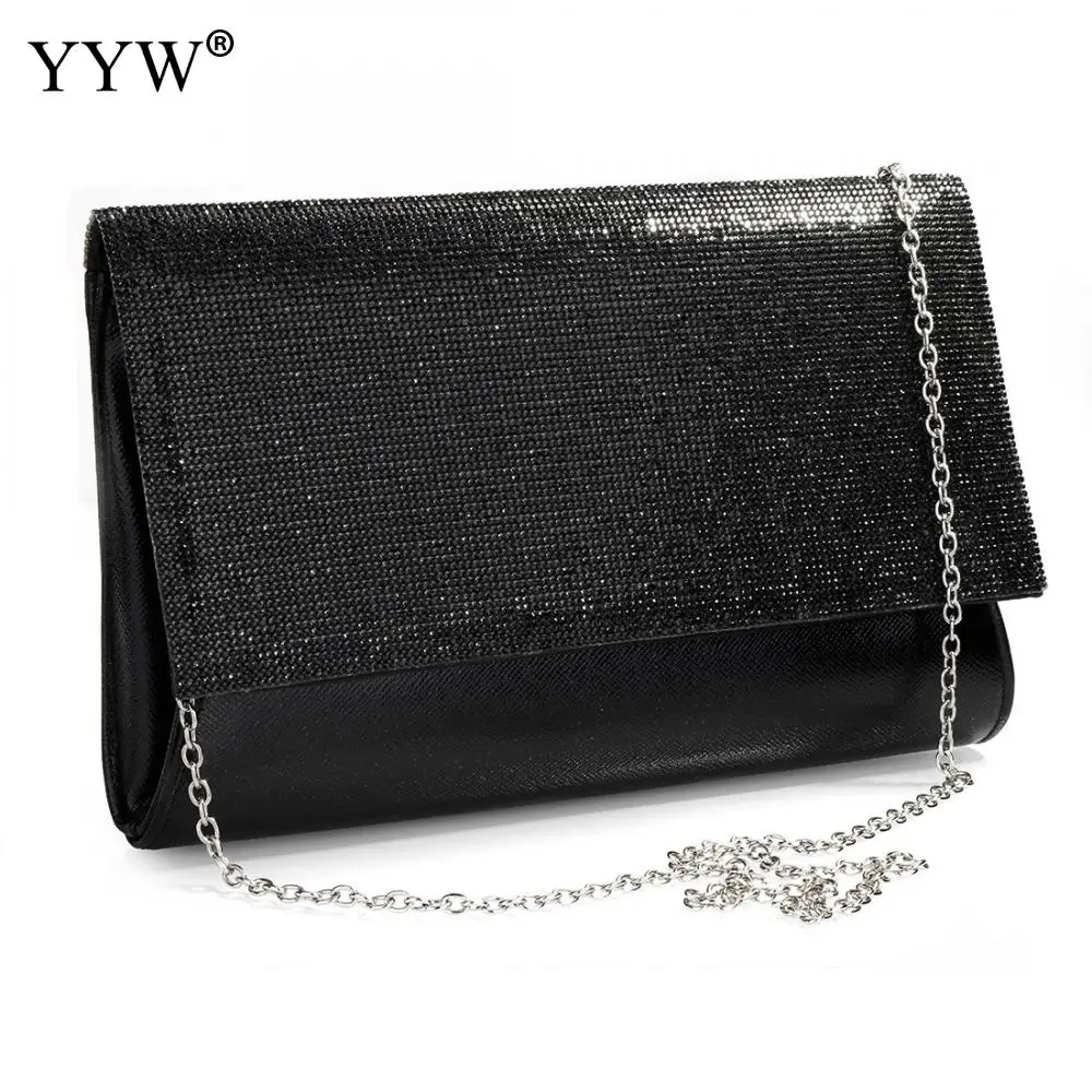 

Elegant Rhinestone Women Evening Party Bags Black Chic Beading Clutch Bag Ladies Messenger Bags Silver Chain Korean Shoulder Bag