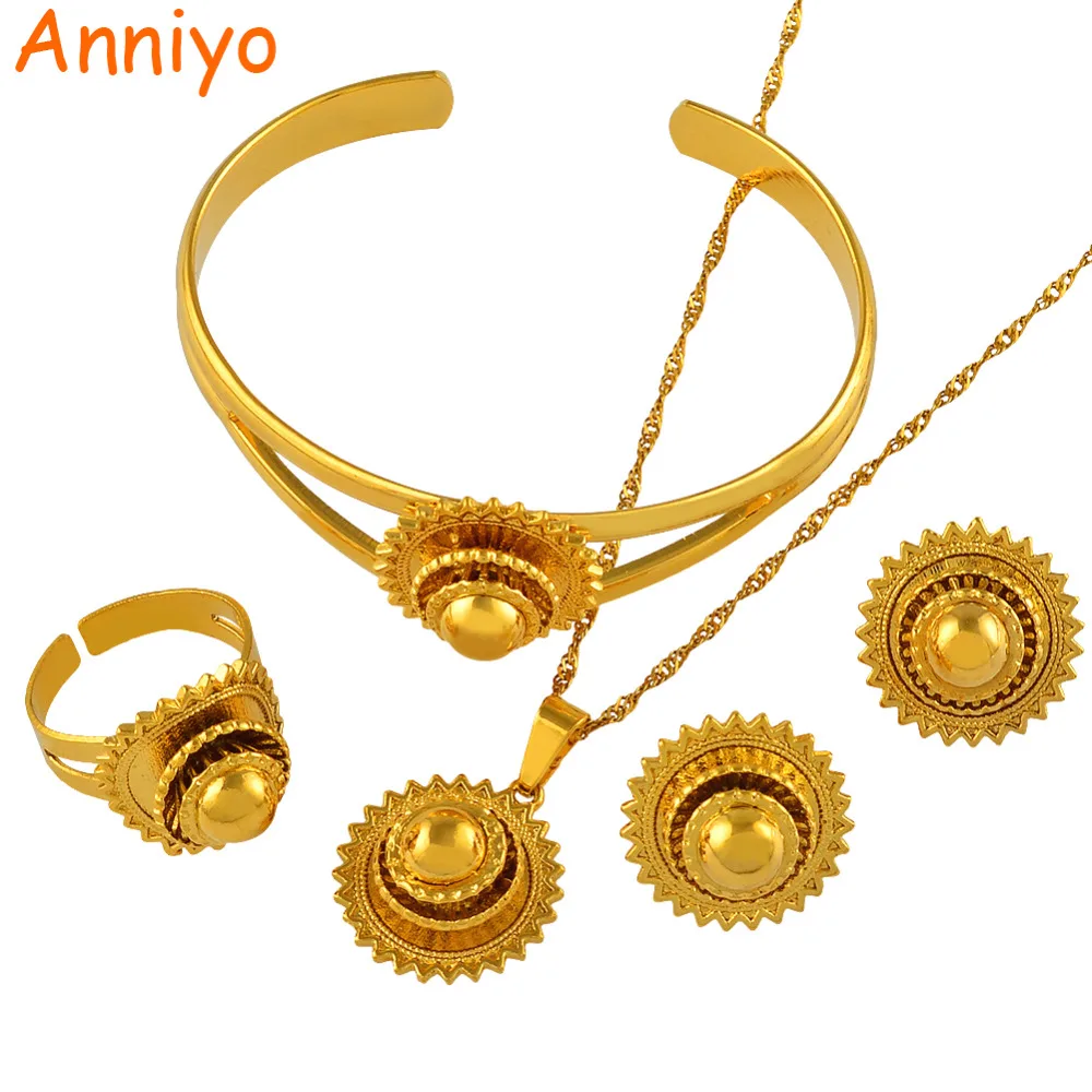 

Anniyo Gold Color Ethiopian Jewelry set Bride Wedding Pendant Necklace Bangle Earring Ring African Eritrea Habesha sets #044806