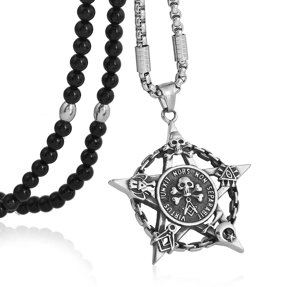 316L Stainless Steel Pentacle Star Skull Masonic Evil Eye Pattern Pendant Necklace Black Natural 