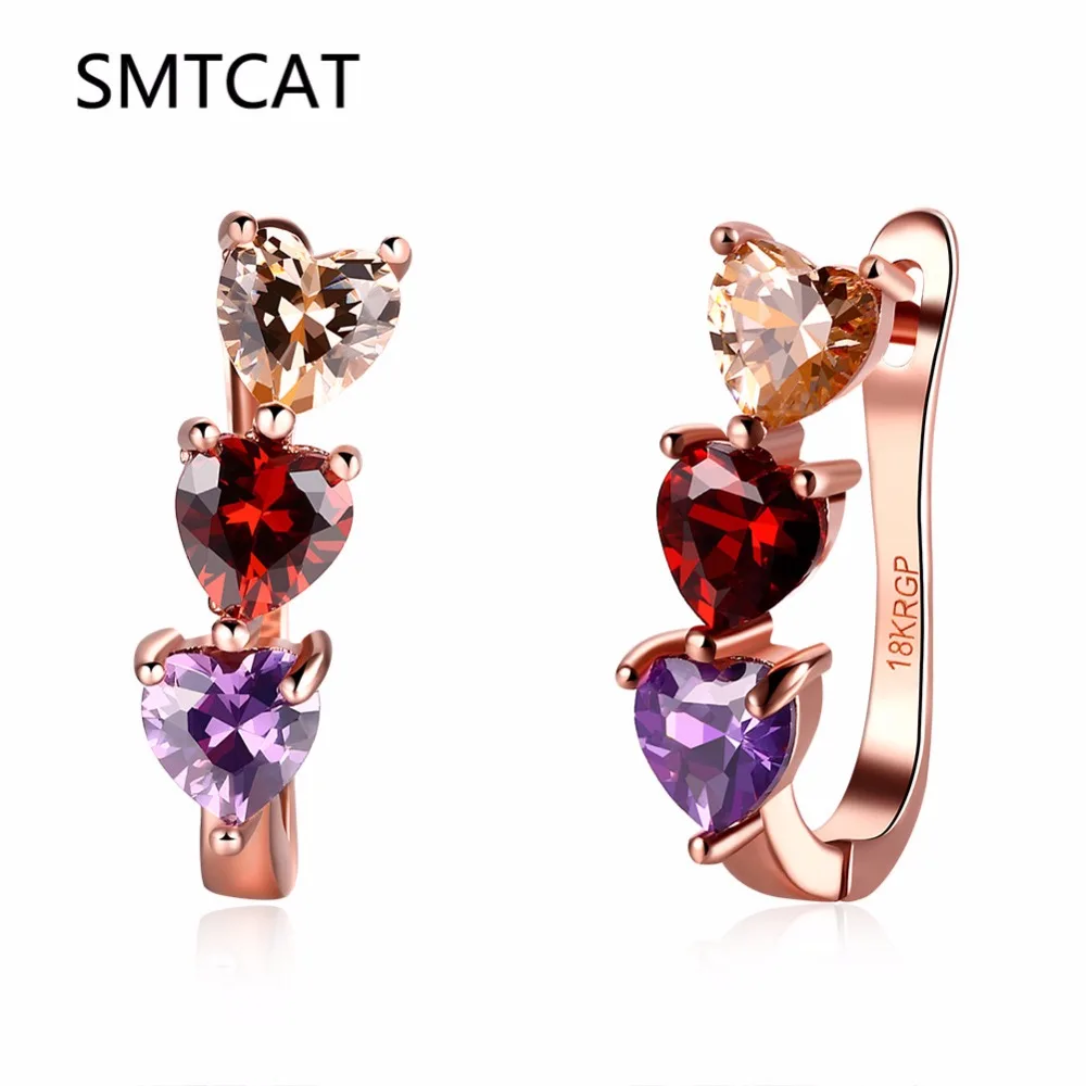

SMTCAT Tiny Purple Red Heart Zircon Hoop Earrings For Women Girls Elegant U Earrings Fashion Rose Gold Filled Jewelry