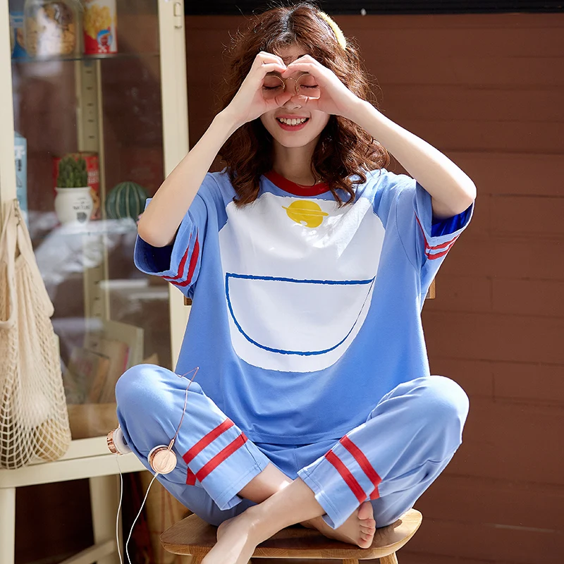 

Loose Large Size Cotton Pajamas Sets for Women 2019 Summer Girls Cute Print Pyjamas Long Pants Sleepwear Homewear Home Clothing