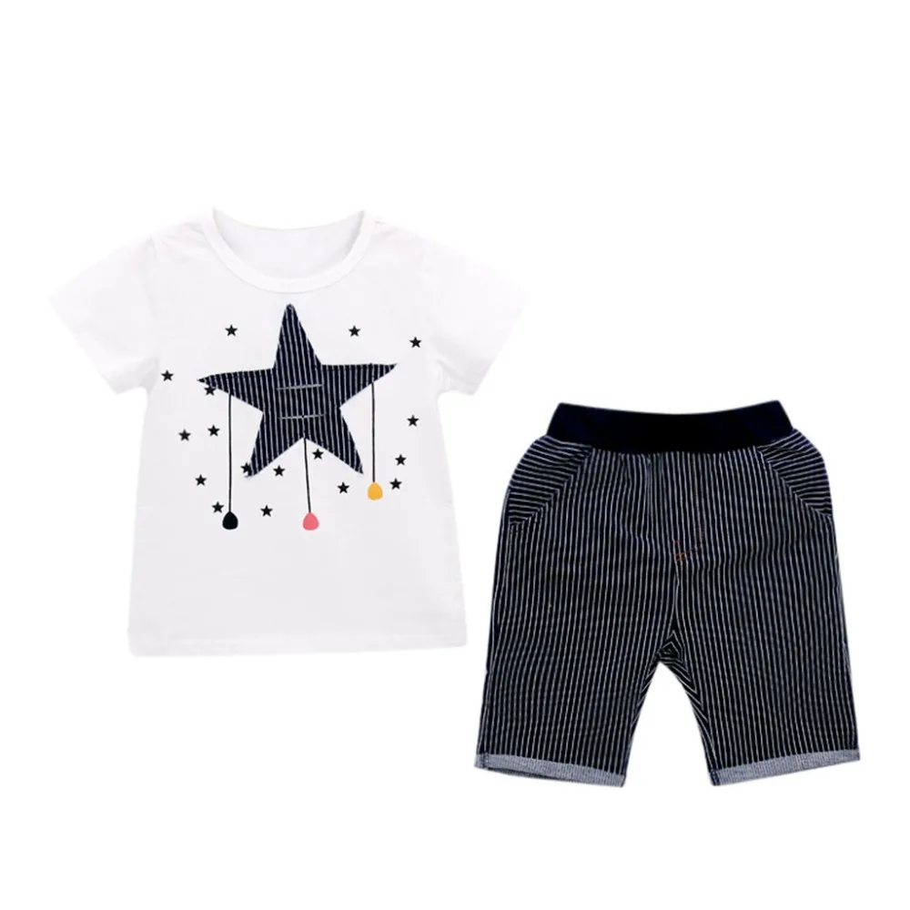 Boys Clothes Short Sleeve Cotton Stars T-shirt Top+Stripe Shorts Set Roupa Infantil Summer Casual Baby For 2T-6T |