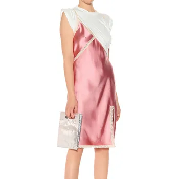 

Cakucool New Women Faux 2pcs Dress Tshirt with Slip Dress Sexy Patchwork Runway Design Satin Vestido Mid Long Elegant Dresses