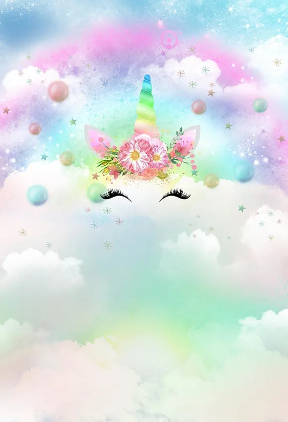 5x7FT Rainbow Sky Unicorn Horn Mask Faace Flowers Clouds Balloons