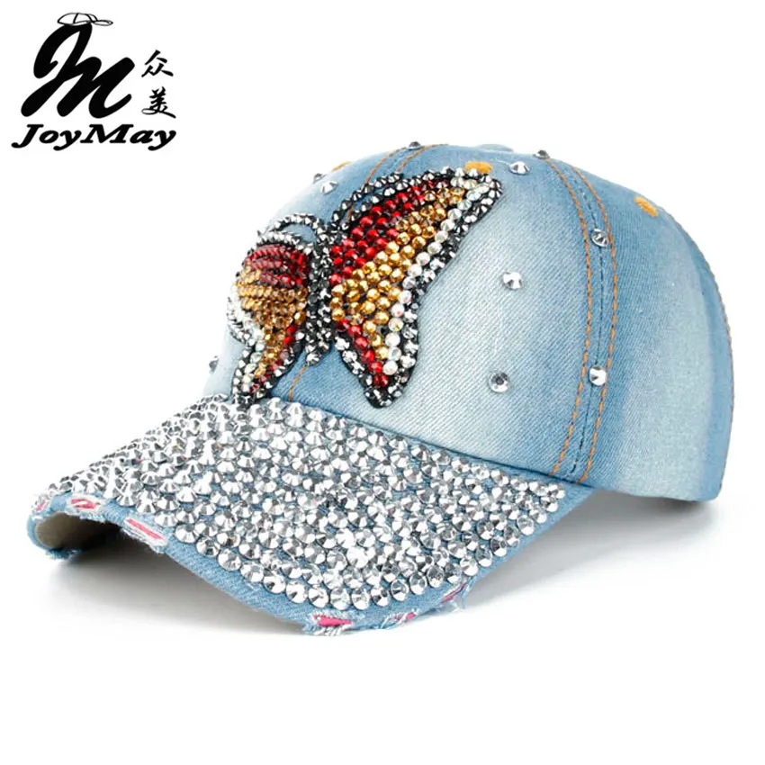 Joymay новинка модные Дизайн Bling Hat& Кепки Красочные бабочки джинсовая Бейсбол Кепки для Леди Полный Стразы на козырек b220