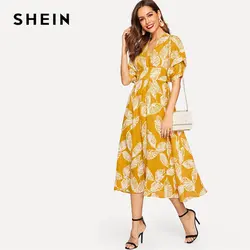 SHEIN скромное желтое платье с широким поясом и принтом листьев, с разрезом, с v-образным вырезом, женское платье с тропическим элегантным