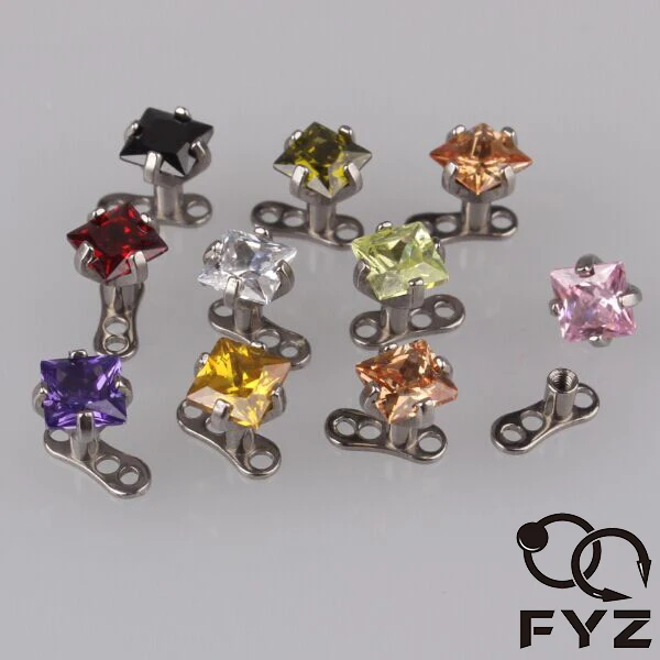 Square Zircon Mixed 10 Color 316l Surgical Steel Dermal Anchor Skin Diver Body Piercing Jewelry