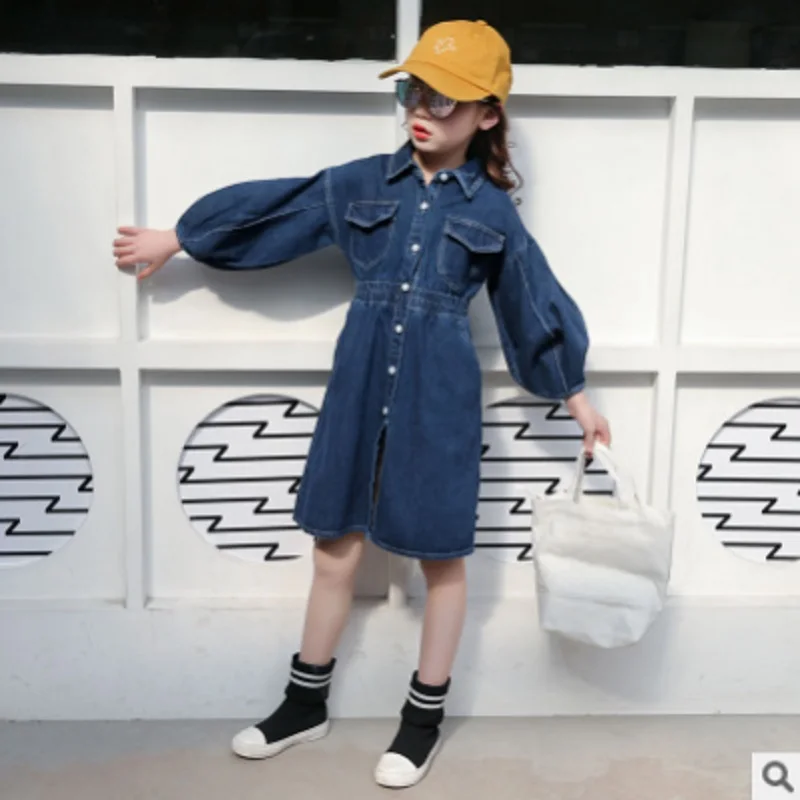 

Children's Waist Denim Dress New 2019 Spring and Autumn Girls Dress Fashion Turn-Down Collar Blue Denim Dress Size110-160 ly268