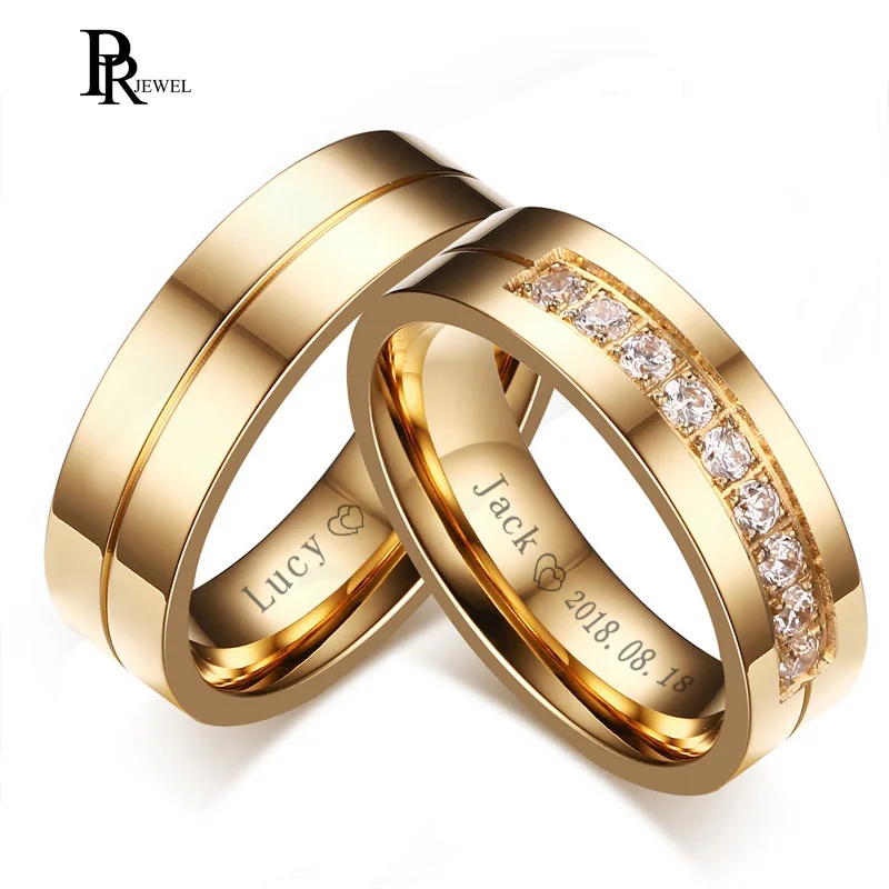 

Bling CZ Stone Wedding Bands Rings for Women Men Gold Tone Stainless Steel Promise Love Anillo Alianca Bijoux Customized Engrave