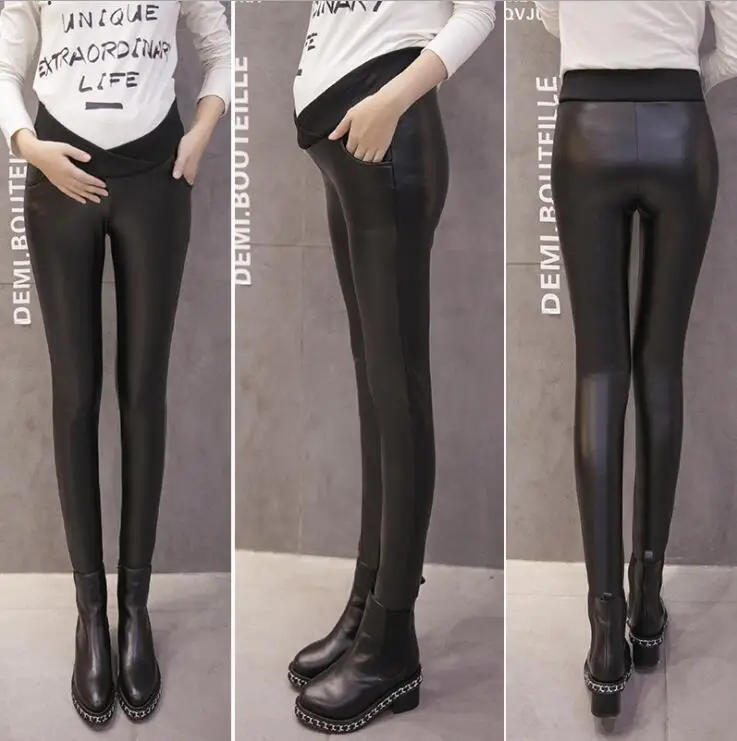 

2018 Winter PU Maternity Legging Elastic Waist Low Rise Fleece lined Warm Faux Leather Pregnancy Pants for Pregnant Women