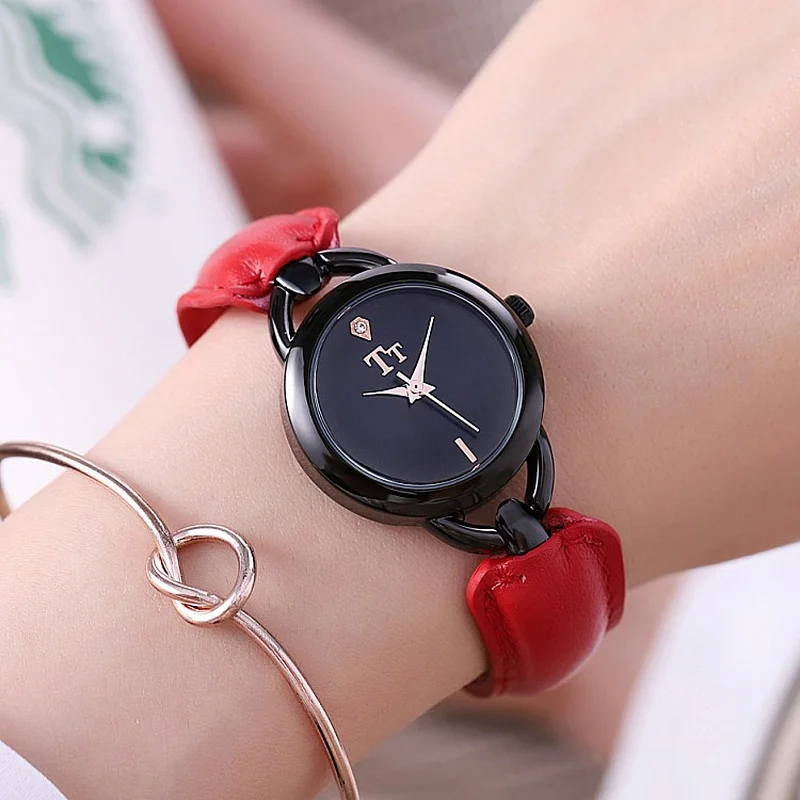 

Dropshipping Fashion 29MM Black Small Dial Bracelet Ladies Watch Personality Red Leather Strap Quartz Women's Watch reloj mujer