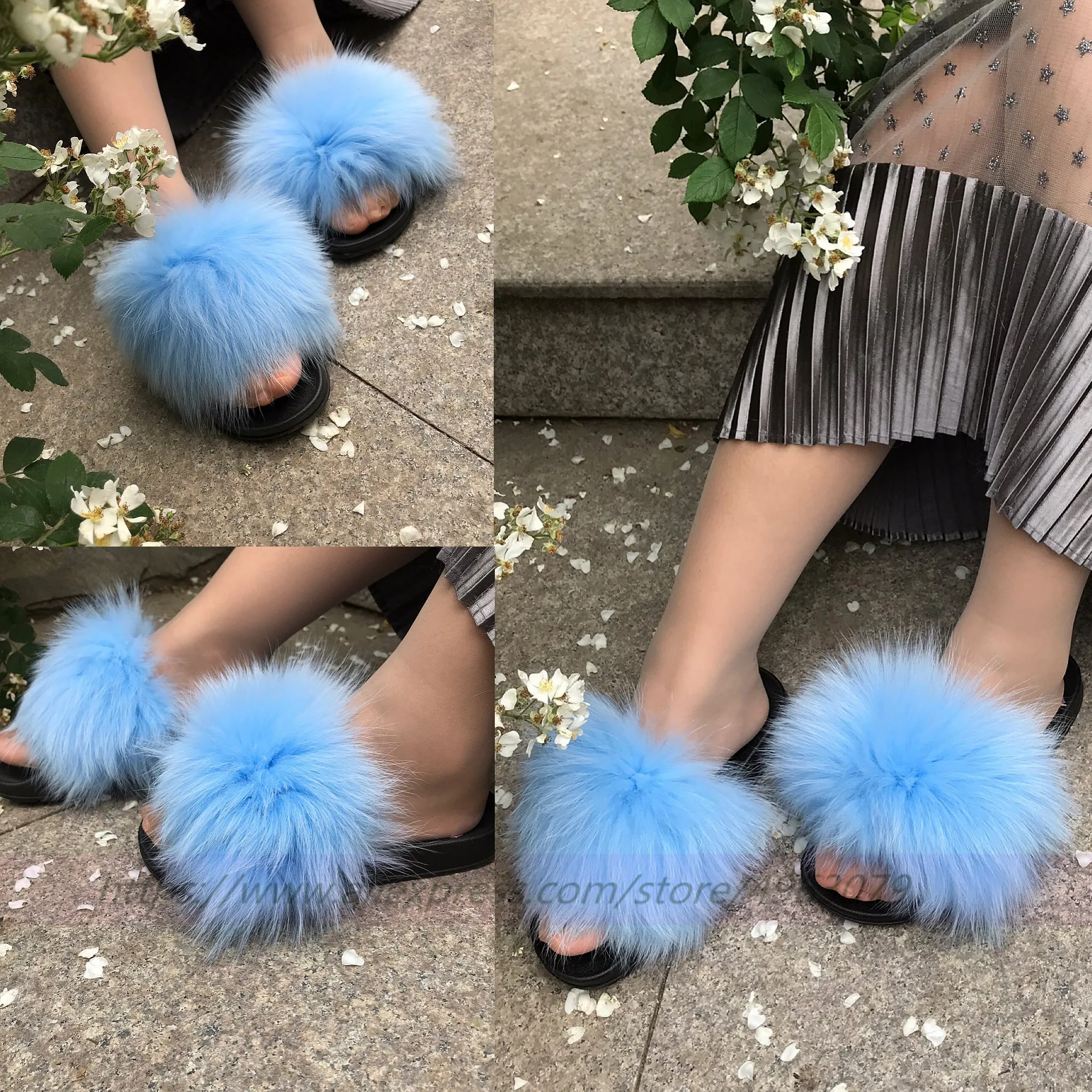 

FunFur - Women's Slides Real Fox Fur Sky Blue Slides Sandals Indoor Outdoor Slippers Shoes