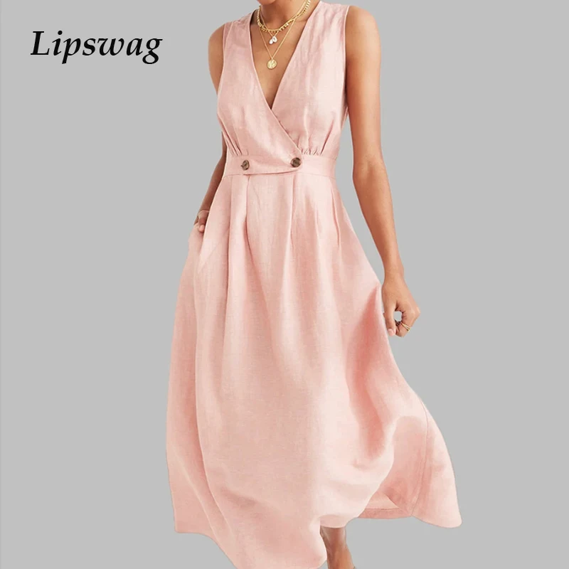 

Lipswag 5XL Sexy Sleeveless Deep V Neck Midi Dress Women Summer Solid A-Line Dresses Elegant Plus Size Beach Sundress Vestidos