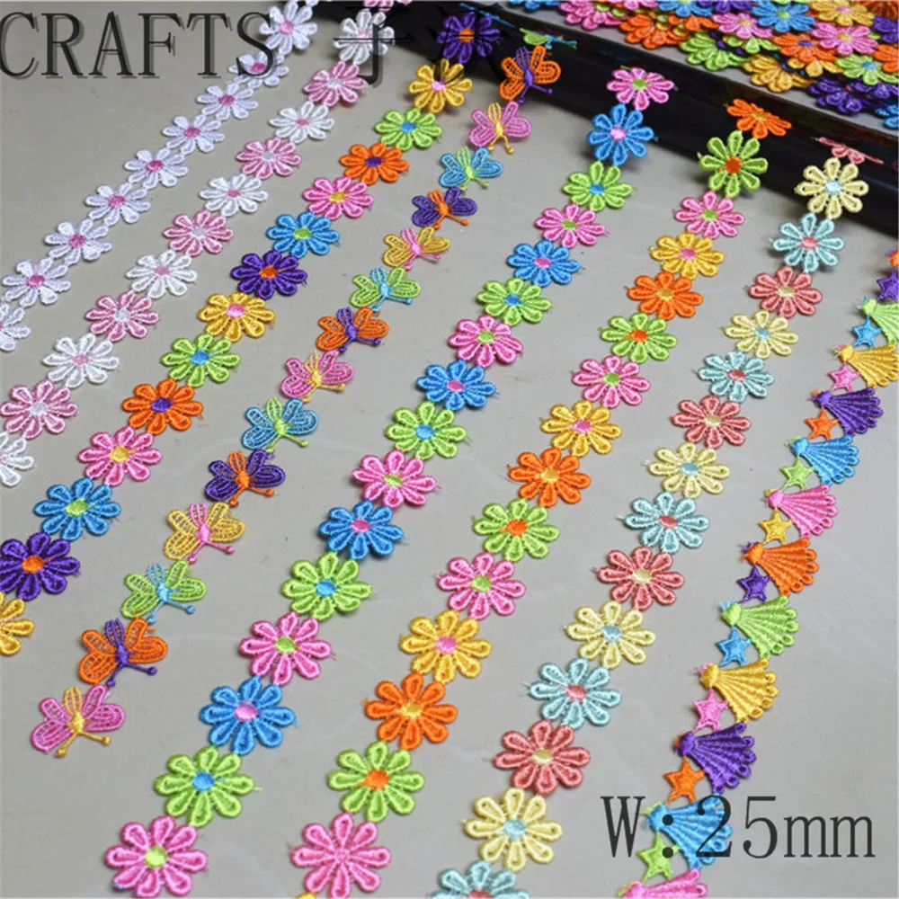 

wholesale 2 Yards Colorful Dainty Flowers Daisy Polyester Lace Trim Embroidered Lace Ribbon For Sewing Craft Wedding