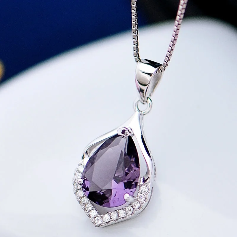 OMHXZJ European Fashion Woman Girl Party Wedding Gift Amethyst Zircon 925 Sterling Silver Necklace Pendant Charm CA88