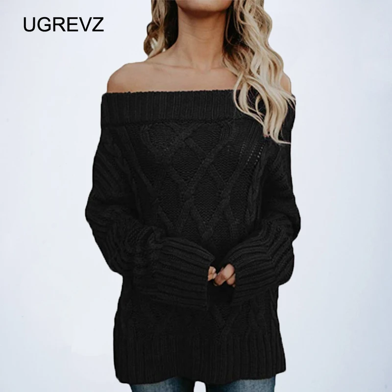 

2019 Autumn Winter Sexy Off Shoulder Knitting Loose Pullover Female Long Sleeve Warm Knitted Sweater Women Jumper Pull Knit Tops