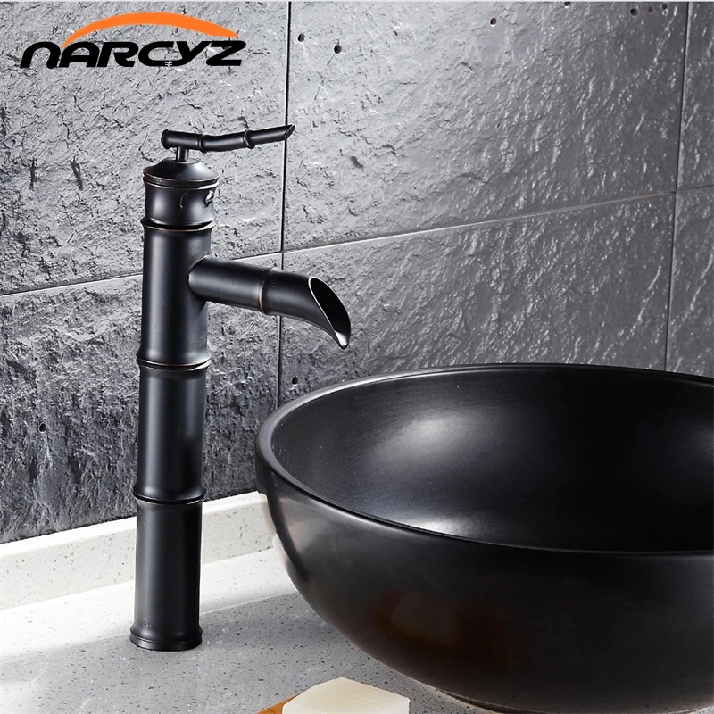 Mélangeur dévier en forme de bambou | Salle de bains, laiton rétro lavabo robinets de mélangeur, support simple monté sur le pont, bec pivotant, robinet noir B3261