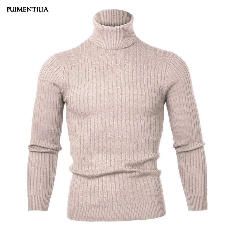 

Puimentiua 2019 Men's High Neck Sweater Solid Simple Slim Fit Hedging Turtleneck Knitted Long Sleeves Pullover Top Males
