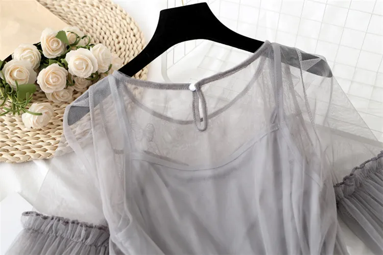 Комплект из двух предметов одежды; юбка лето-осень Для женщин Кружева платья и милой бабочкой, платье с цветочным рисунком женские Фонари рукавом Сетчатое платье Vestidos AB863