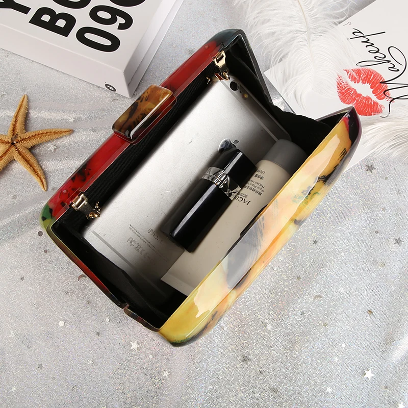 New Clutch Bag Female Evening Bags Acrylic Fashion Design Colorful Printing Women Shoulder Bags Casual Vintage Clutches Purse
