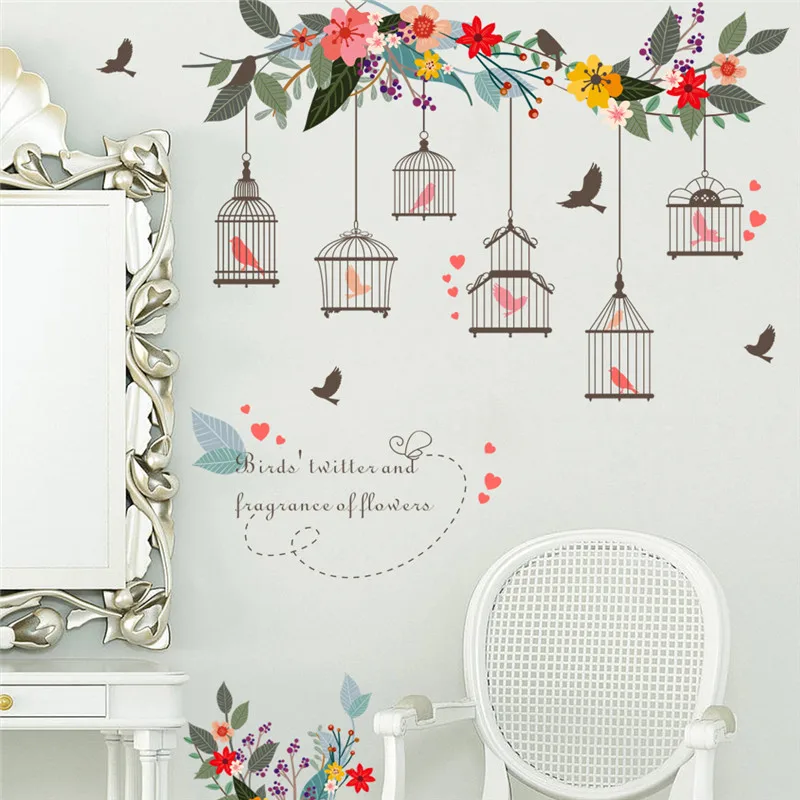 

Flower Branch Flying Birds Birdcage Decorative Wall Sticker Living Room Home Decor Wedding Decoration Decal Mural Poster