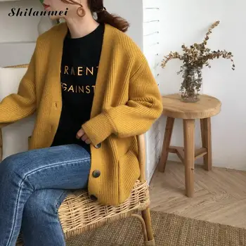 

Oversized Knitted Sweater Yellow Cardigan Sweater Solid Long Sleeve Pockets Cardigan Women Autumn Winter Sweater Female Jumper