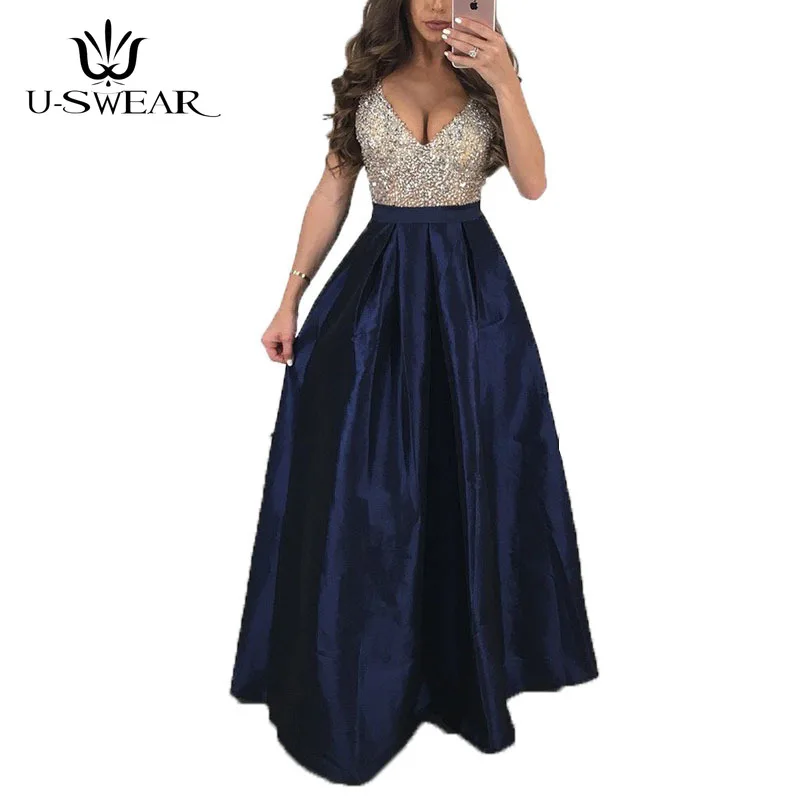 

U-SWEAR New Sexy Deep V-Neck Sleeveless Backless Evening Party Prom Formal Gowns Long Sequin Dresses Vestidos Robe De Soiree