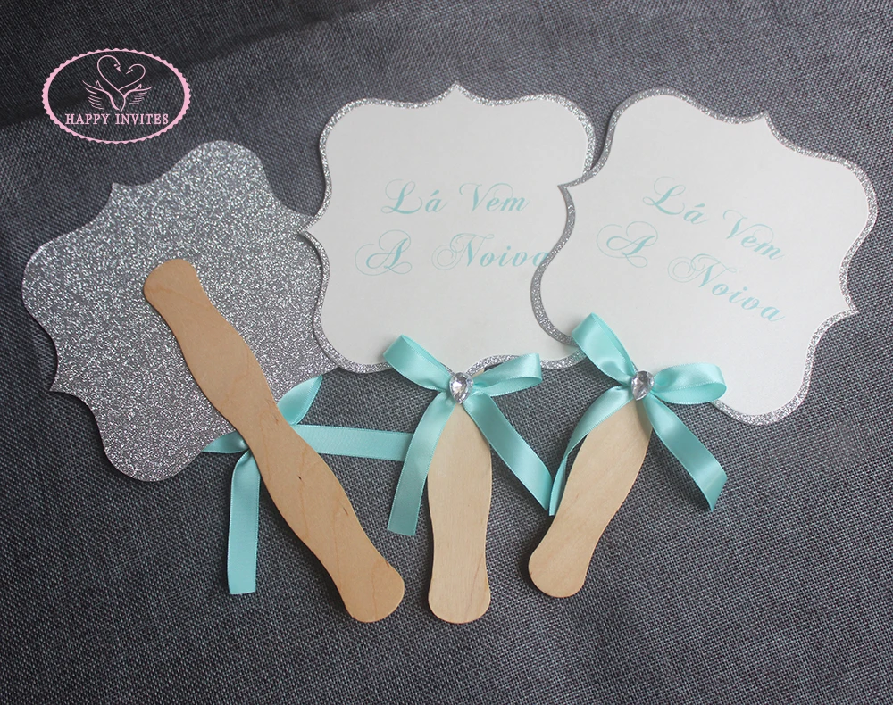 HI9034-01 Customized Glitter Fan Shape Place Card Menu Card Table Card Wedding Program with Wooden Handle
