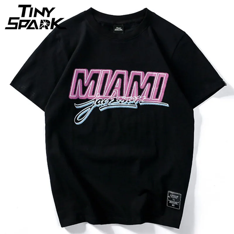 

Men T-Shirt Cotton Hip Hop Miami T shirt Pink letter Print Hiphop Tshirt Streetwear Black Fashion White Tops Tee 2018 New Summer